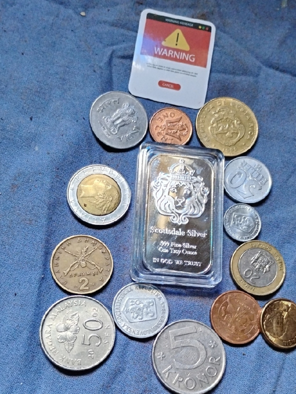 Scottsdale Silver 1 oz .999 Fine Brilliant Platedr Bar with Assorted World Coins